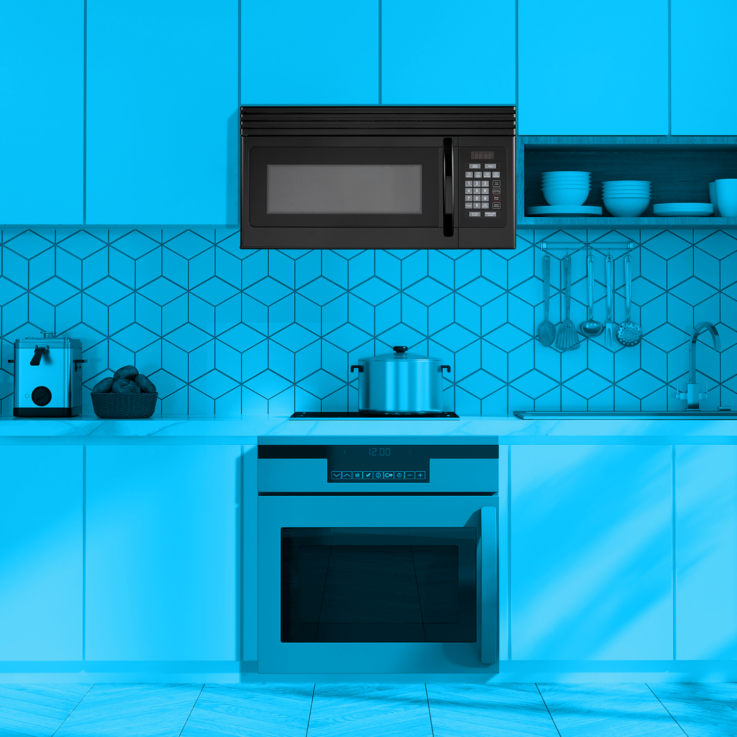 Black over-the-range microwave with digital keypad and clear window, installed above stove in modern kitchen setting with geometric tile backsplash and white cabinets, suited for countertop microwaves and appliances collections.