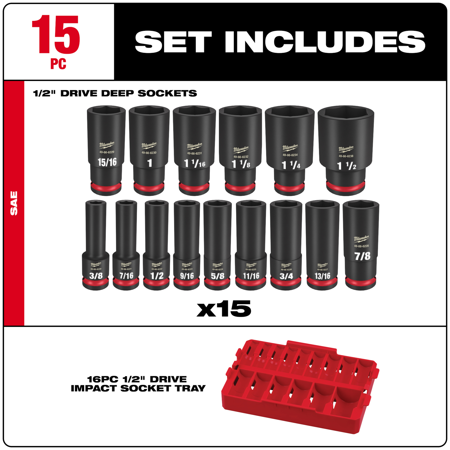 Milwaukee 15PC SHOCKWAVE™ Impact Duty Socket 1/2” Drive SAE TRAY Set