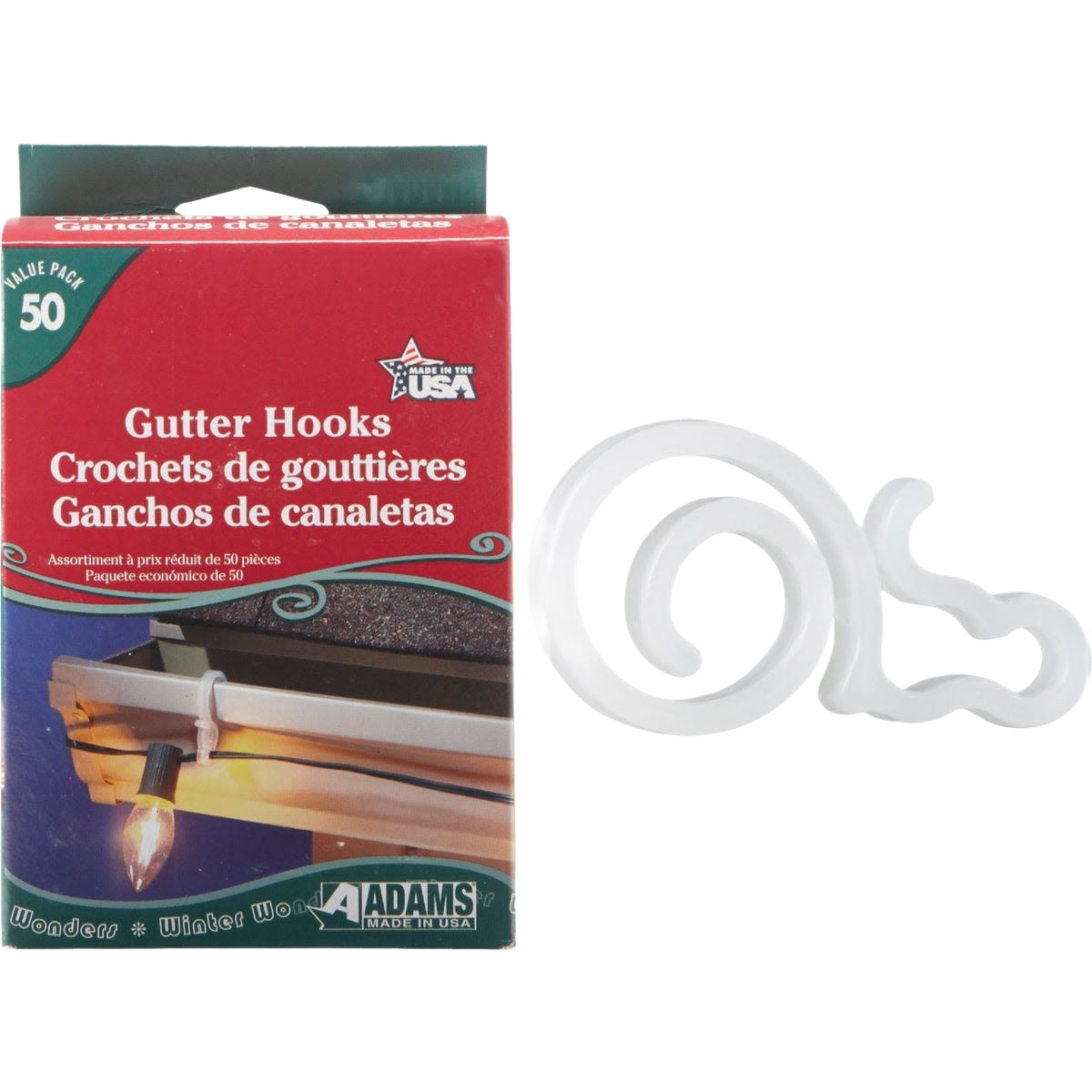 White plastic gutter hooks for hanging decorative lights on rain gutters in Christmas and home improvement collections