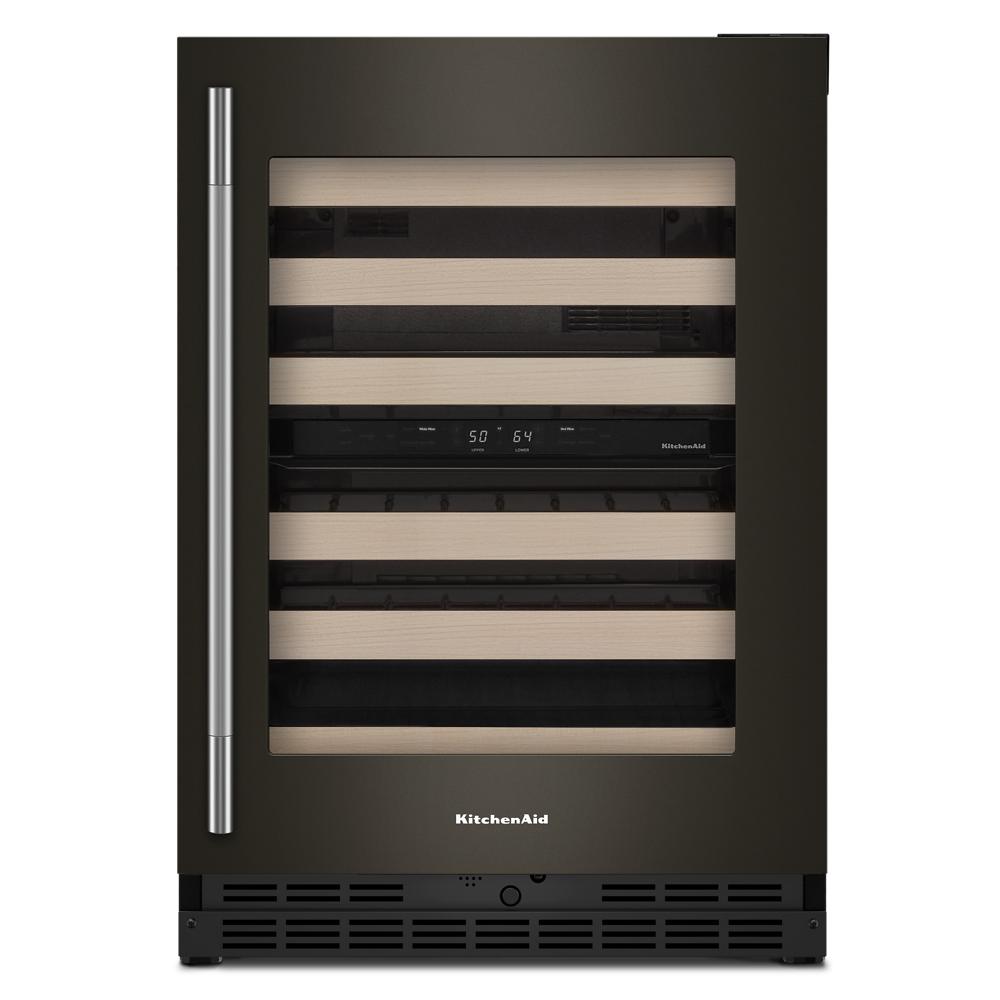 24-inch undercounter wine cellar with glass door, wood racks, digital temperature display, and stainless steel handle