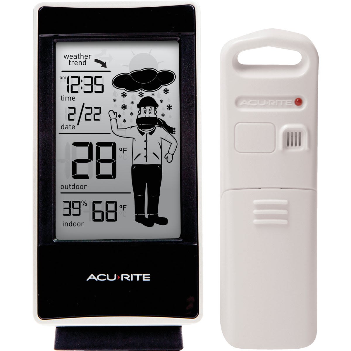 Digital weather station display showing temperature, humidity, time, and snow alert with wireless sensor device nearby