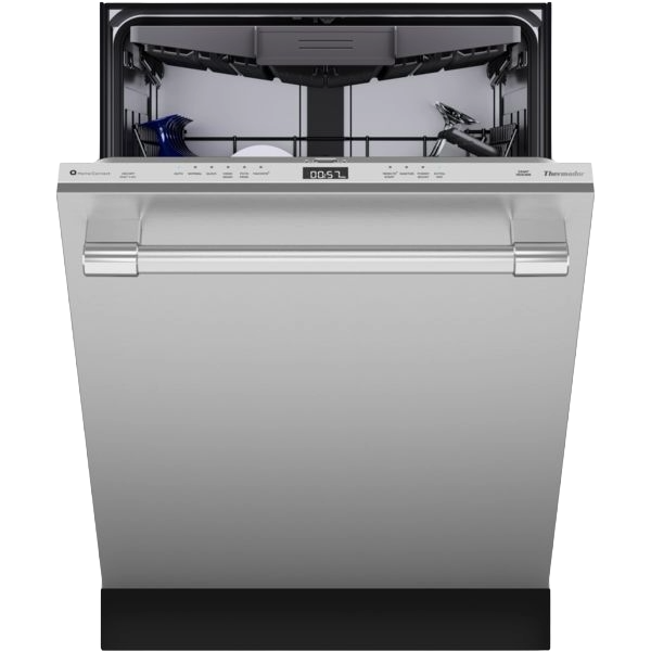 Open stainless steel dishwasher with digital control panel and rack system from Thermador kitchen appliances collection