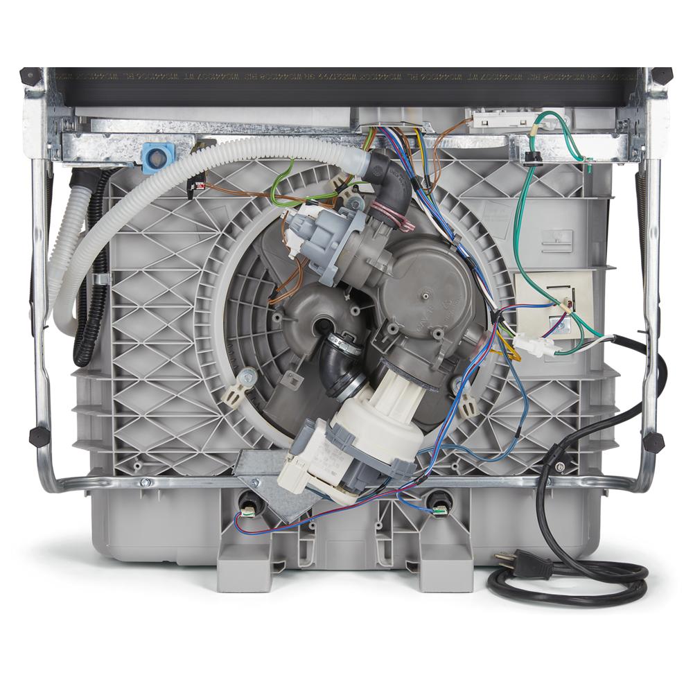 Interior view of dishwasher motor and pump assembly with wiring and tubing for kitchen appliance repair and maintenance