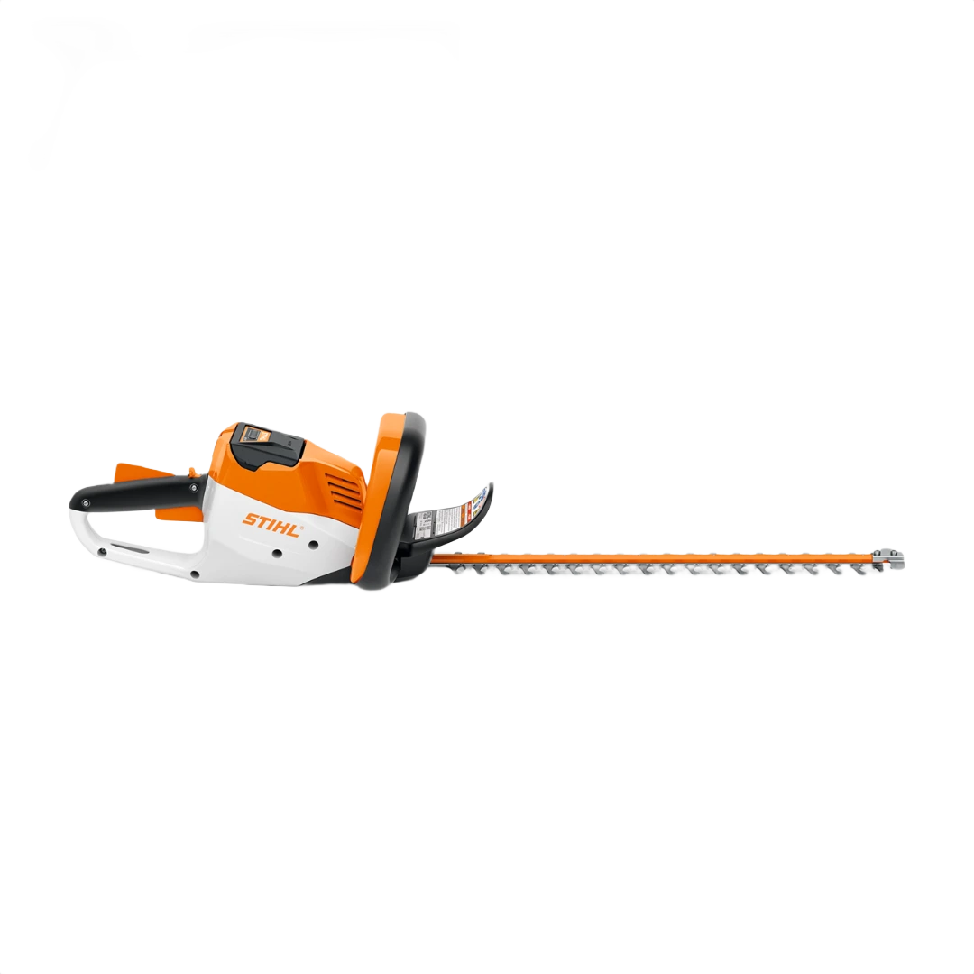 Orange and white cordless hedge trimmer with ergonomic handle designed for efficient garden maintenance tasks