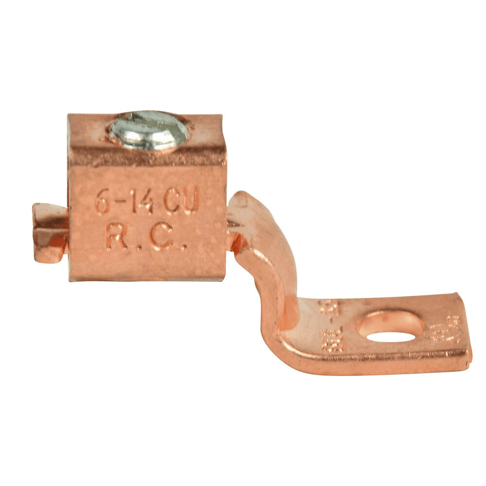 Copper mechanical lug terminal with screw clamp and curved flat mounting hole for electrical and home improvement use