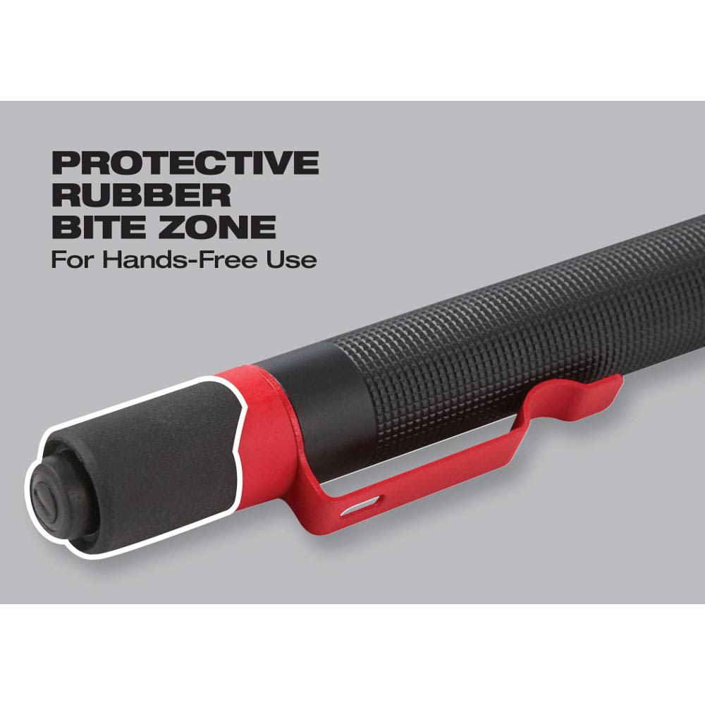 Close-up of black and red Milwaukee penlight with textured grip and rubber bite zone for hands-free use in home improvement tasks