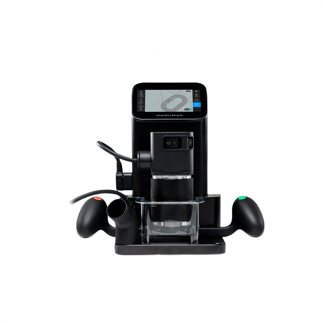 Compact black digital woodworking router with dual handles and touchscreen interface for precision shaping tasks