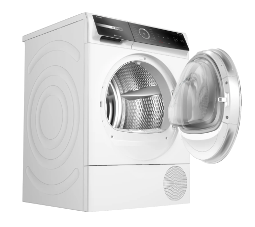 White front-load heat pump dryer with transparent door and digital control panel from Bosch appliances collection