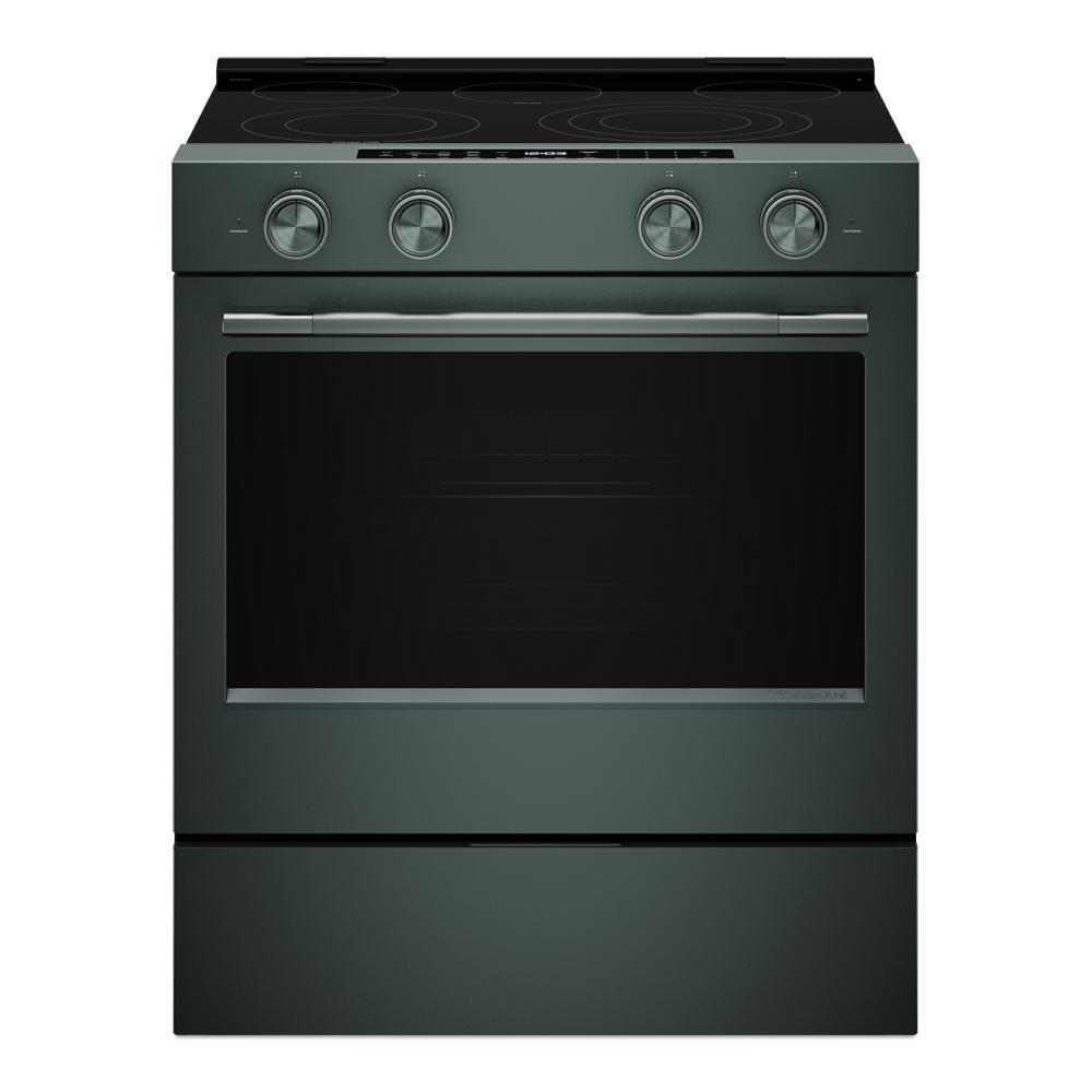 Dark green 30-inch slide-in electric range with four control knobs, smooth cooktop featuring two Even-Heat™ Hyper Elements, large oven window, part of Ranges, Electric Ranges, Kitchen & Kitchenware, KitchenAid, Appliances, and Ranges & Cooktops collections.