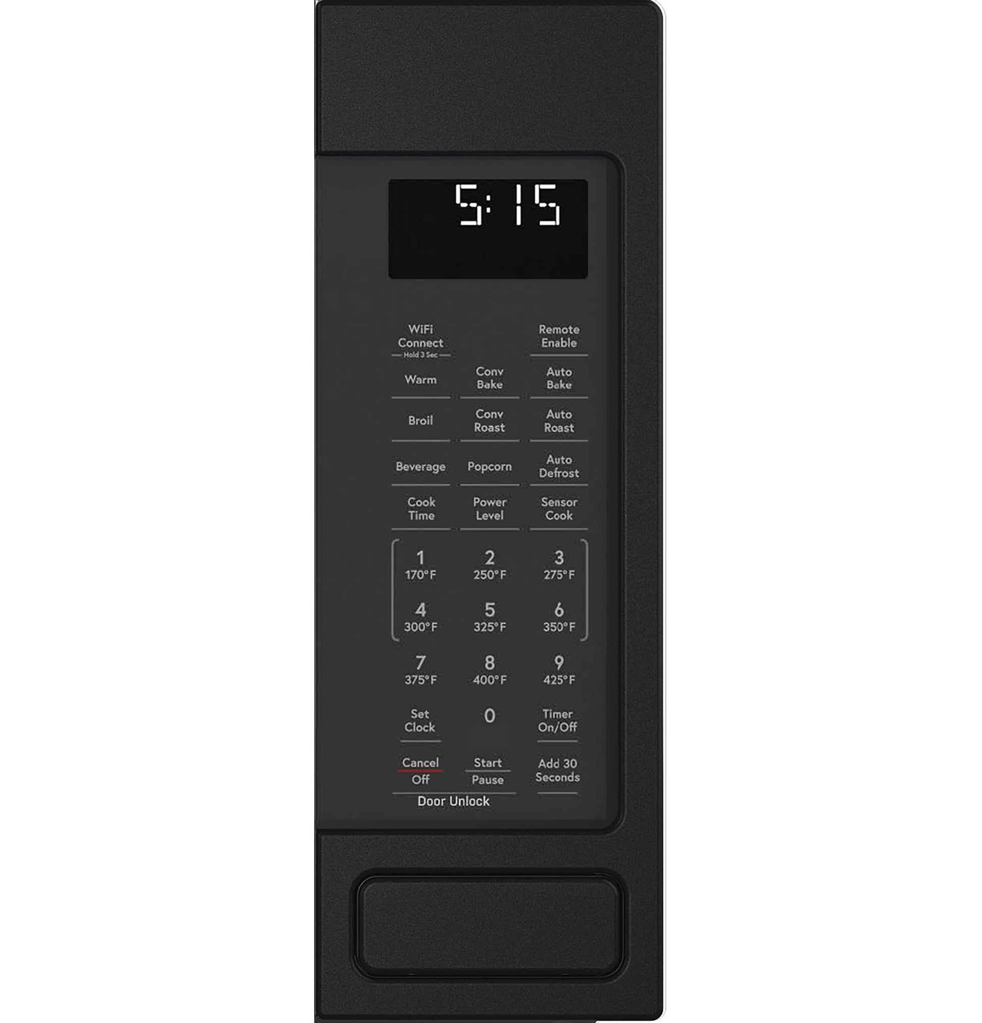 Digital control panel with timer and cooking options on black smart countertop microwave from kitchen appliances collection