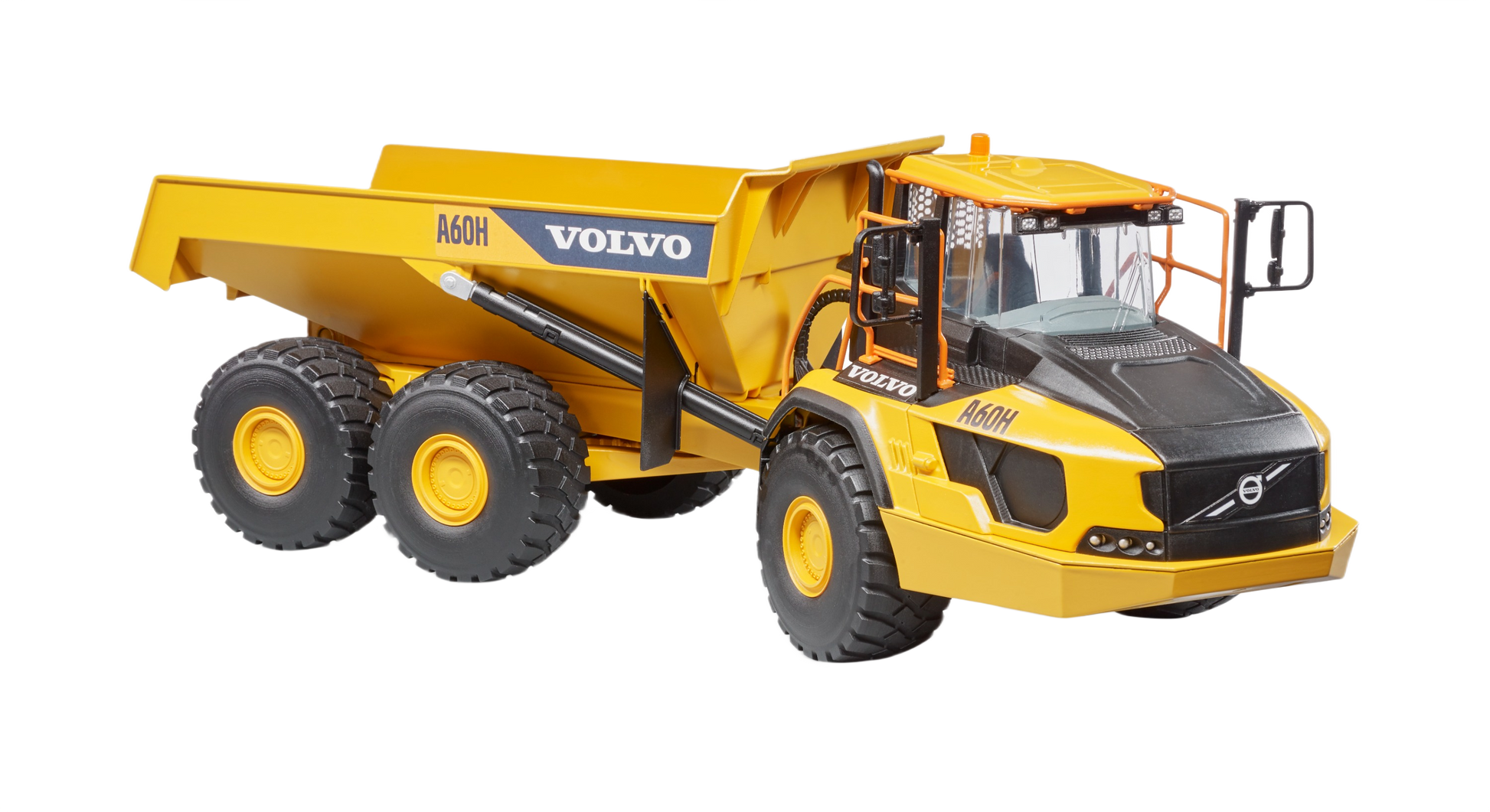 Yellow and black articulated hauler model featuring six large wheels, designed for construction and heavy-duty tasks