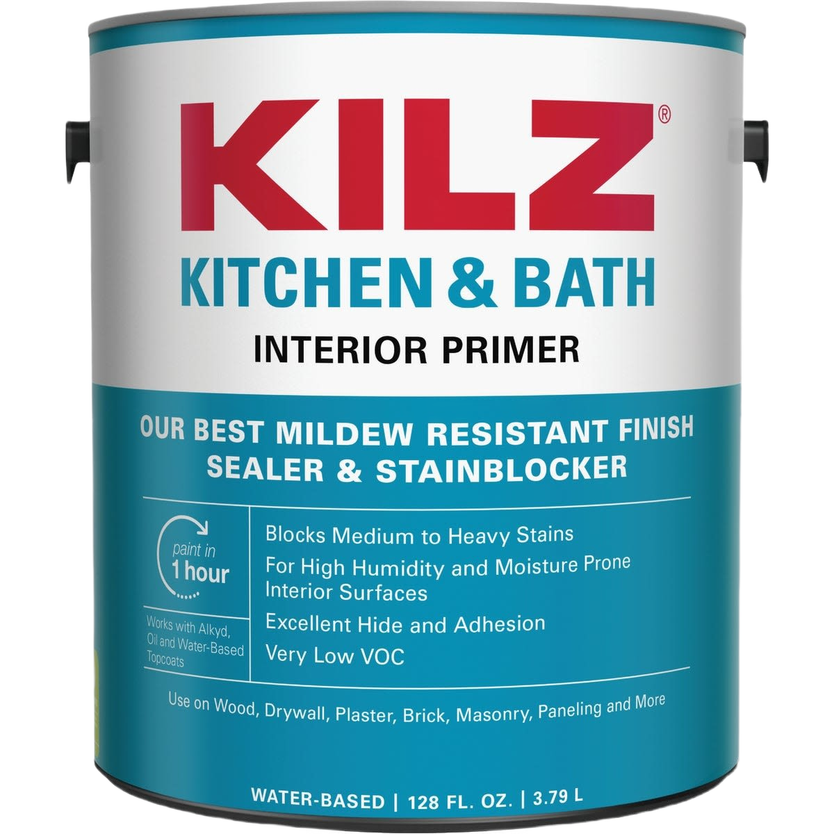Gallon of water-based interior primer for kitchens and baths with mildew resistance, stain blocking, and moisture protection
