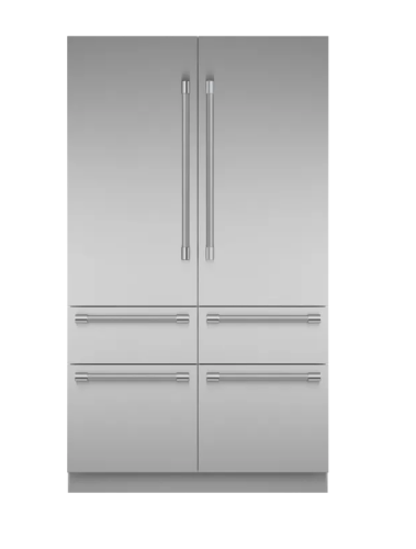 Sleek professional stainless steel built-in French door refrigerator with bottom freezer drawers in Thermador appliances collection