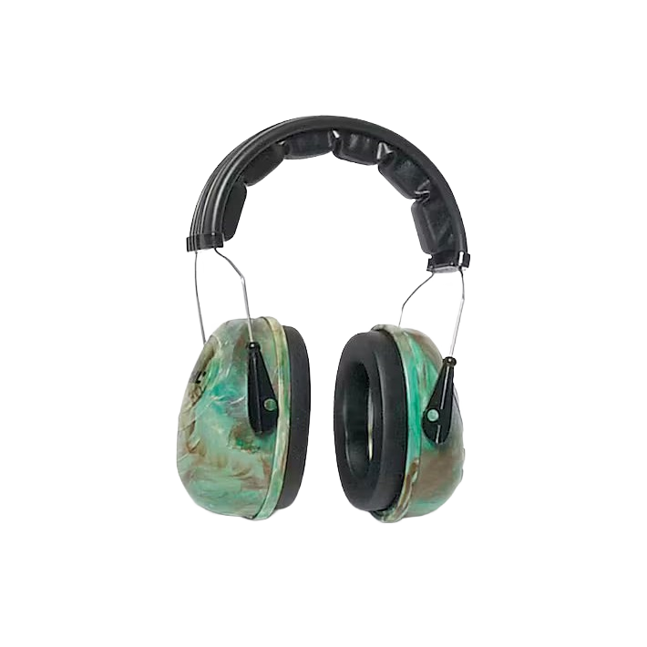 Camo-patterned hearing protector with padded headband designed for safety and comfort in hearing protection collections