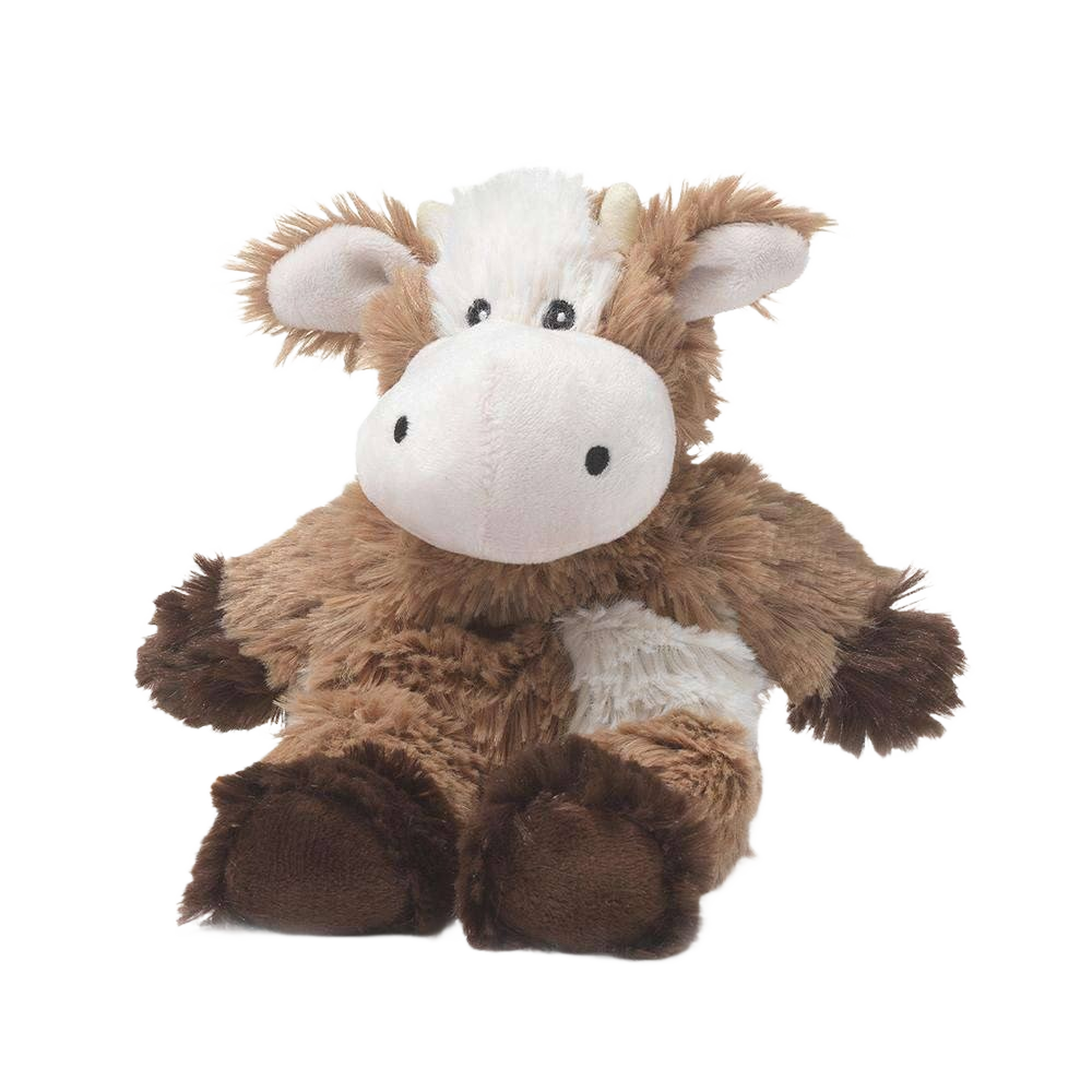 Soft microwavable plush cow toy in brown and cream with friendly face for cozy warmth and comfort.