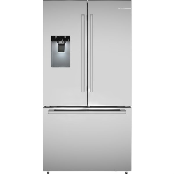 36-inch stainless steel French door refrigerator with bottom freezer and built-in water dispenser from Bosch Appliances collection