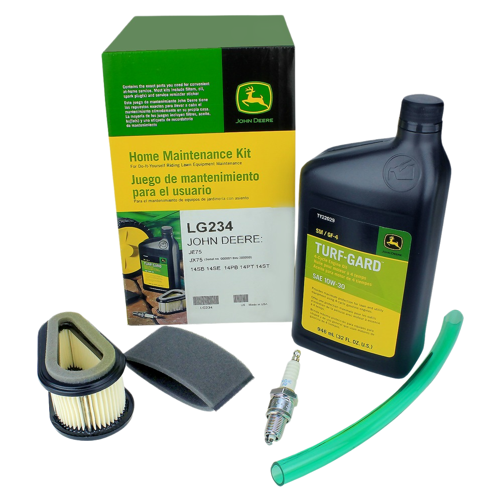 Green and black John Deere home maintenance kit including oil, filters, spark plug, and green fuel line for tools maintenance