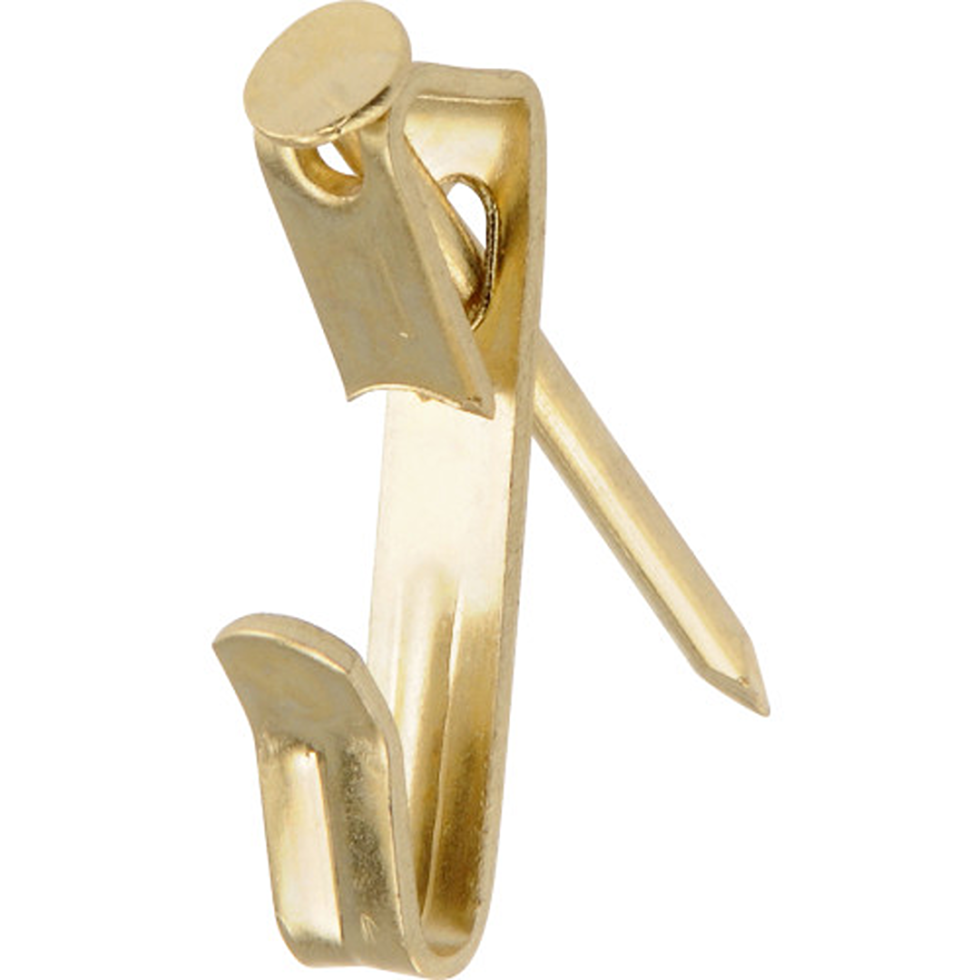 Brass picture hanger with nail, supports up to 30 lb, ideal for wall decor and home improvement hardware collections