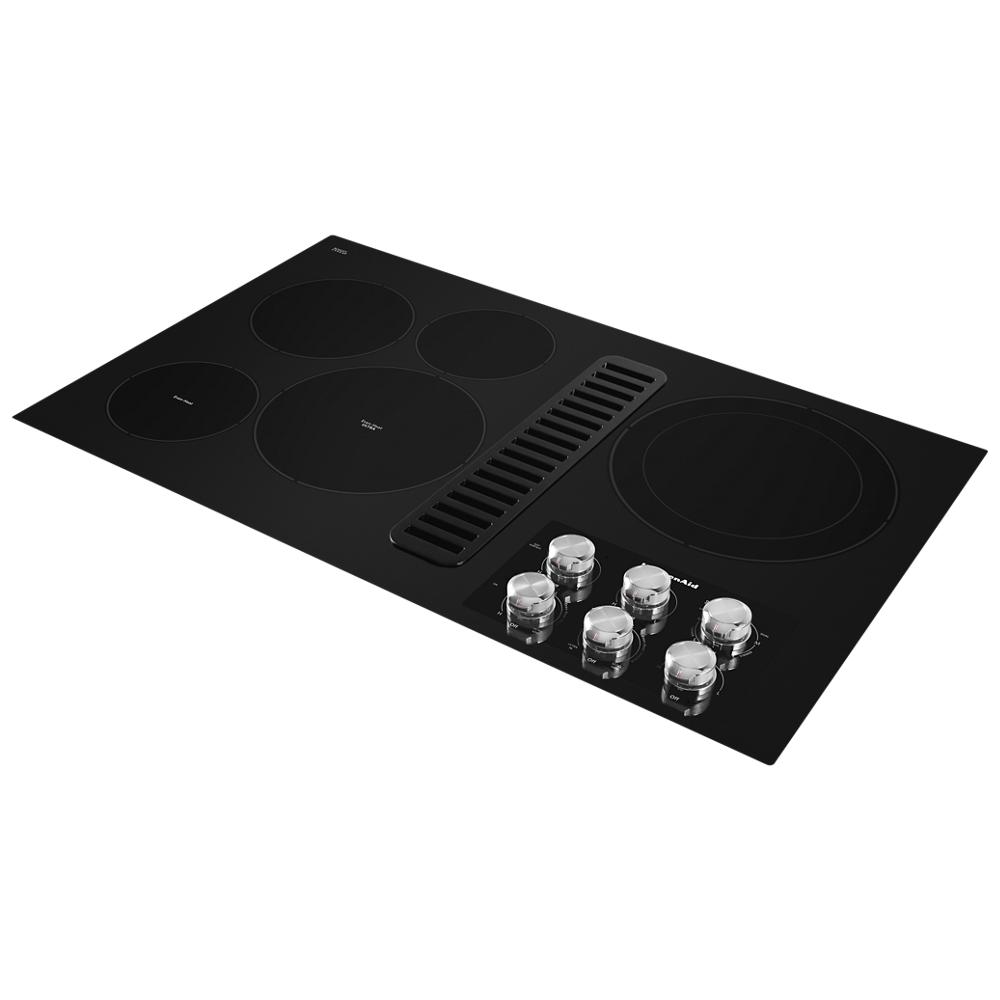 36-inch electric cooktop with five burners and integrated downdraft vent, part of kitchen appliances collection