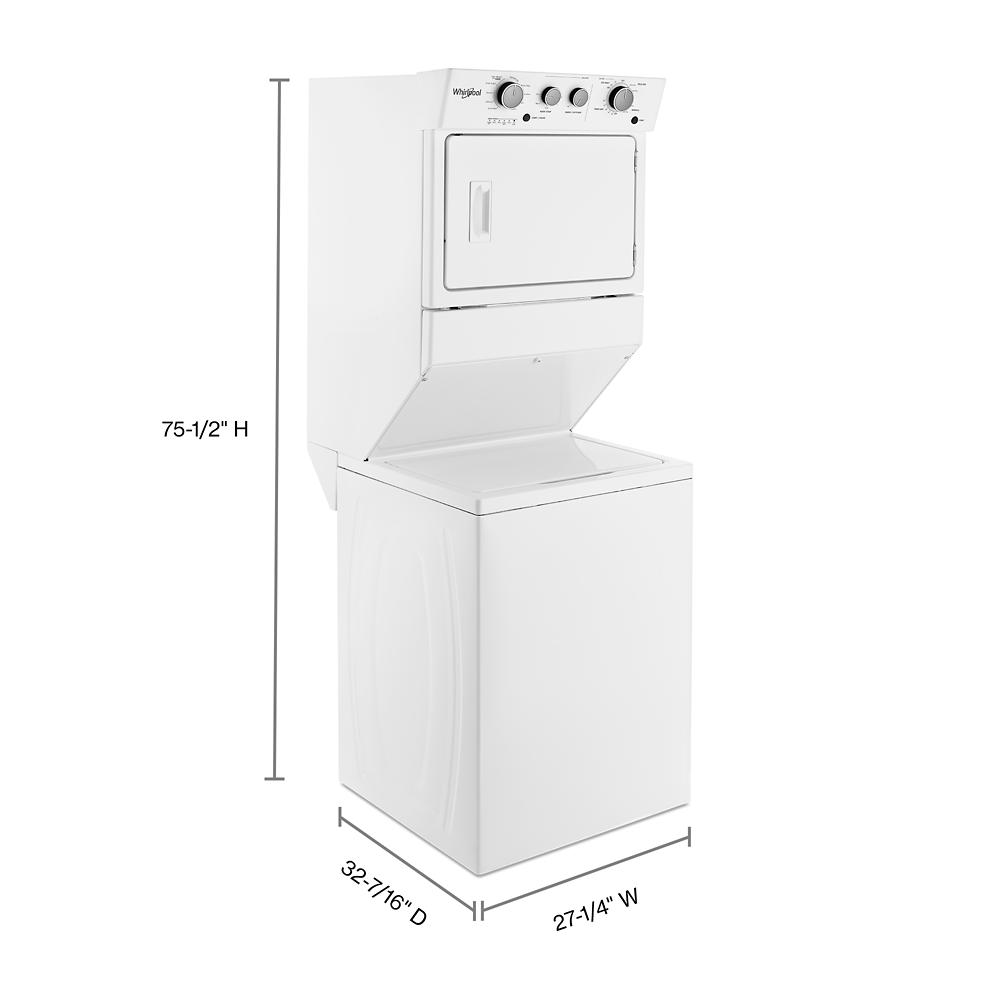 White electric stacked laundry center with top dryer and bottom washer showing dimensions in inches, part of appliance laundry centers at Hartville Hardware.
