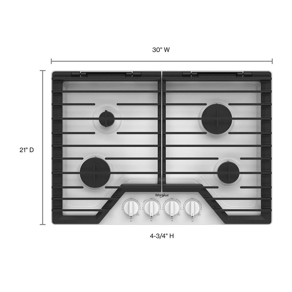 30-inch gas cooktop with multiple burners, EZ-2-Lift cast-iron grates, and front control knobs in kitchen appliances collection