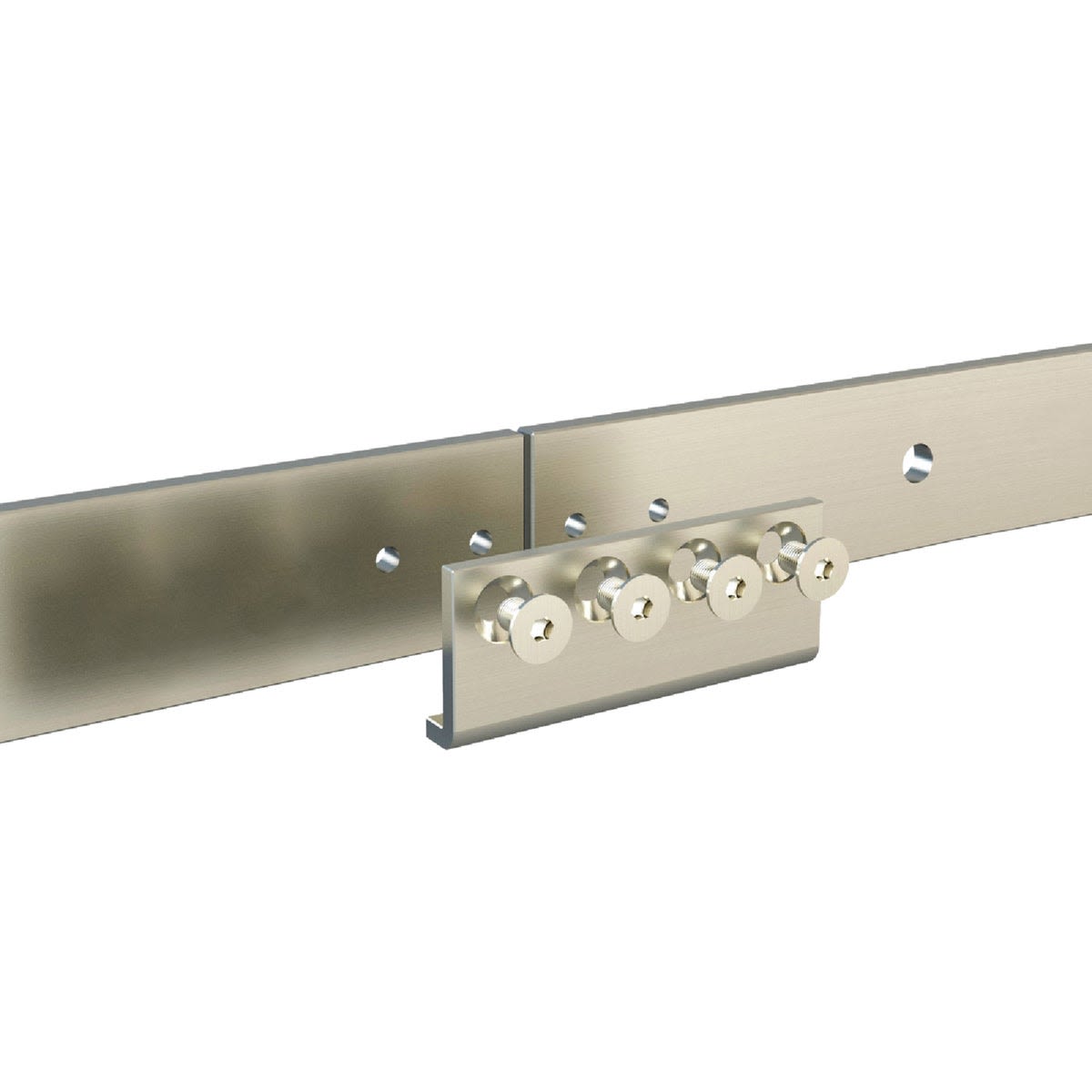 Satin nickel steel adapter with screws for connecting barn door hardware tracks in door knobs and hardware collections