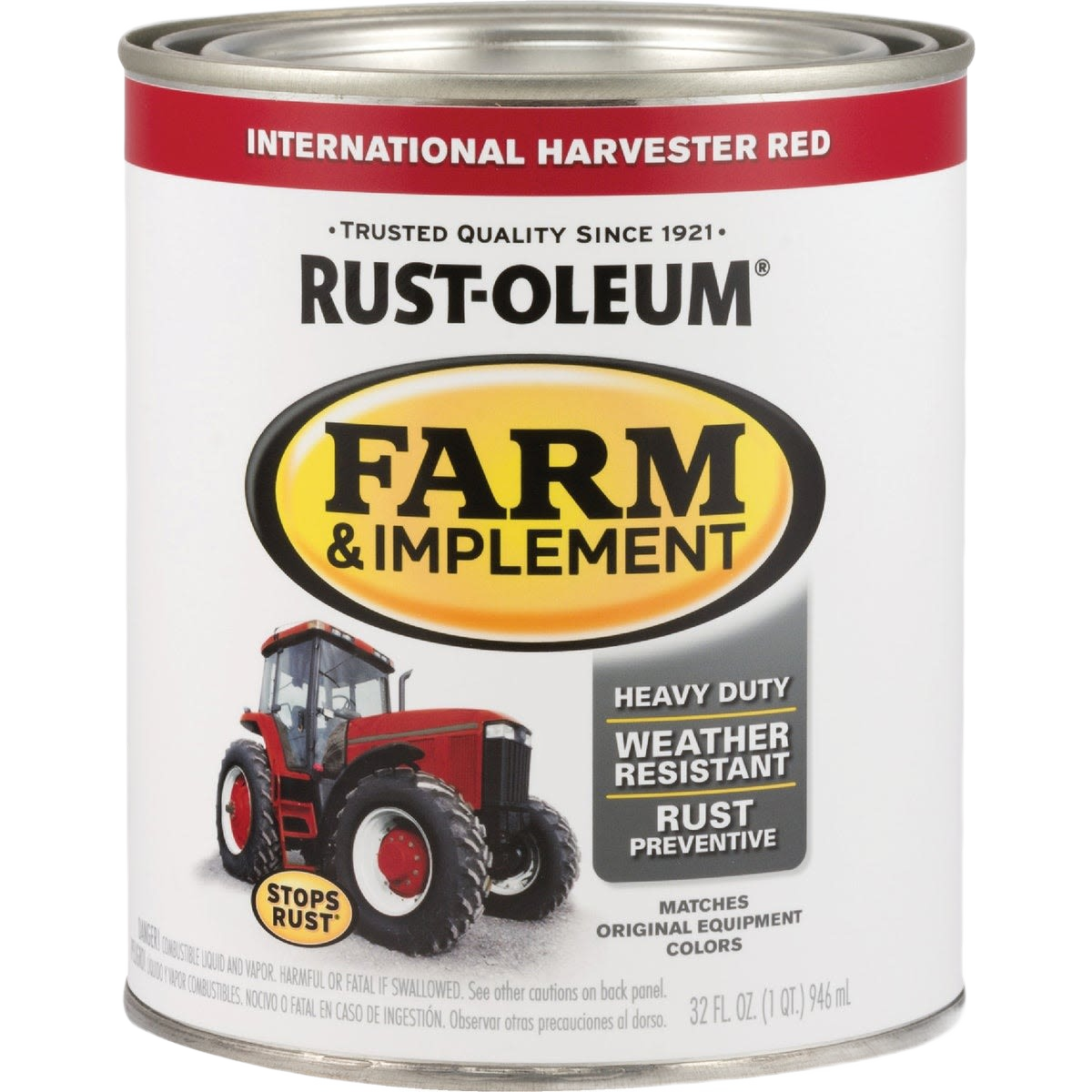 Can of Rust-Oleum Farm & Implement red gloss paint labeled heavy duty, weather resistant, and rust preventive