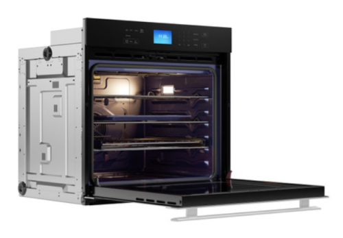 Open built-in electric single wall oven with stainless steel exterior and illuminated interior shelves from kitchen appliances collection