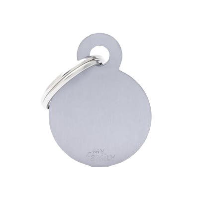 Small gray round metal ID tag with keyring attachment for personal identification and organization use