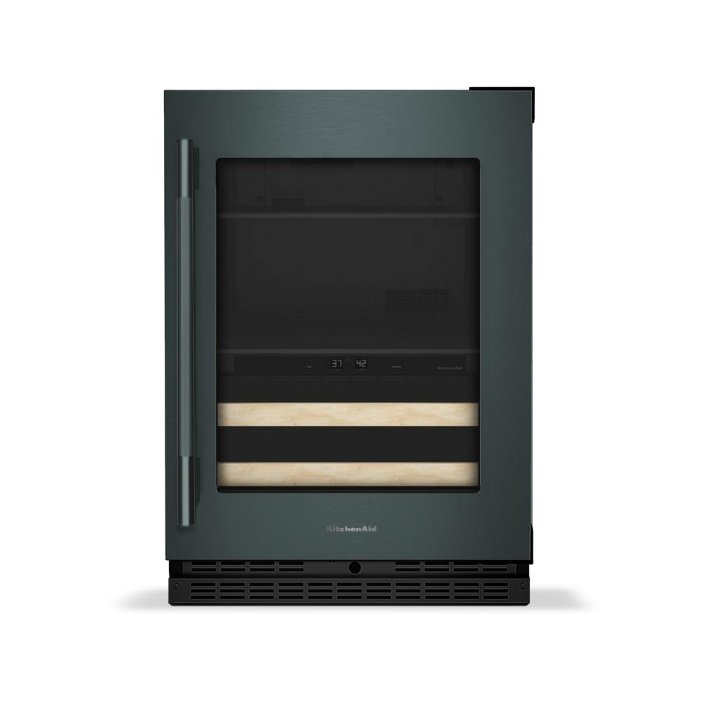 24-inch undercounter beverage center with glass door, wood-front racks, and digital control in appliances collection