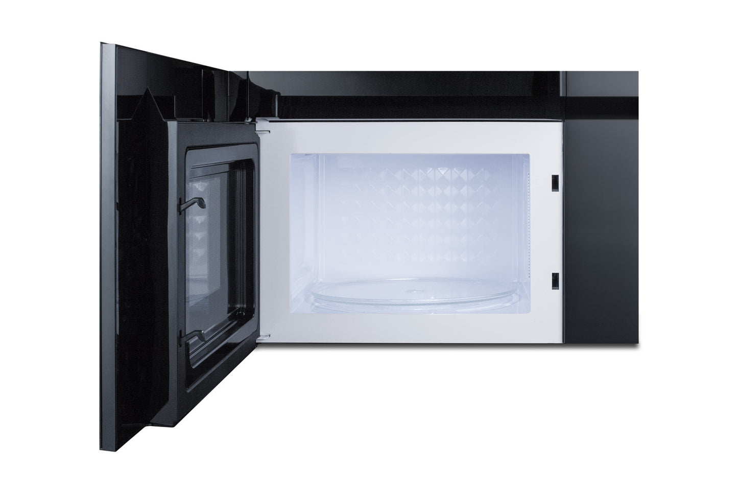 Black over-the-range microwave with open door showing white interior, part of kitchen appliance collection for home improvement