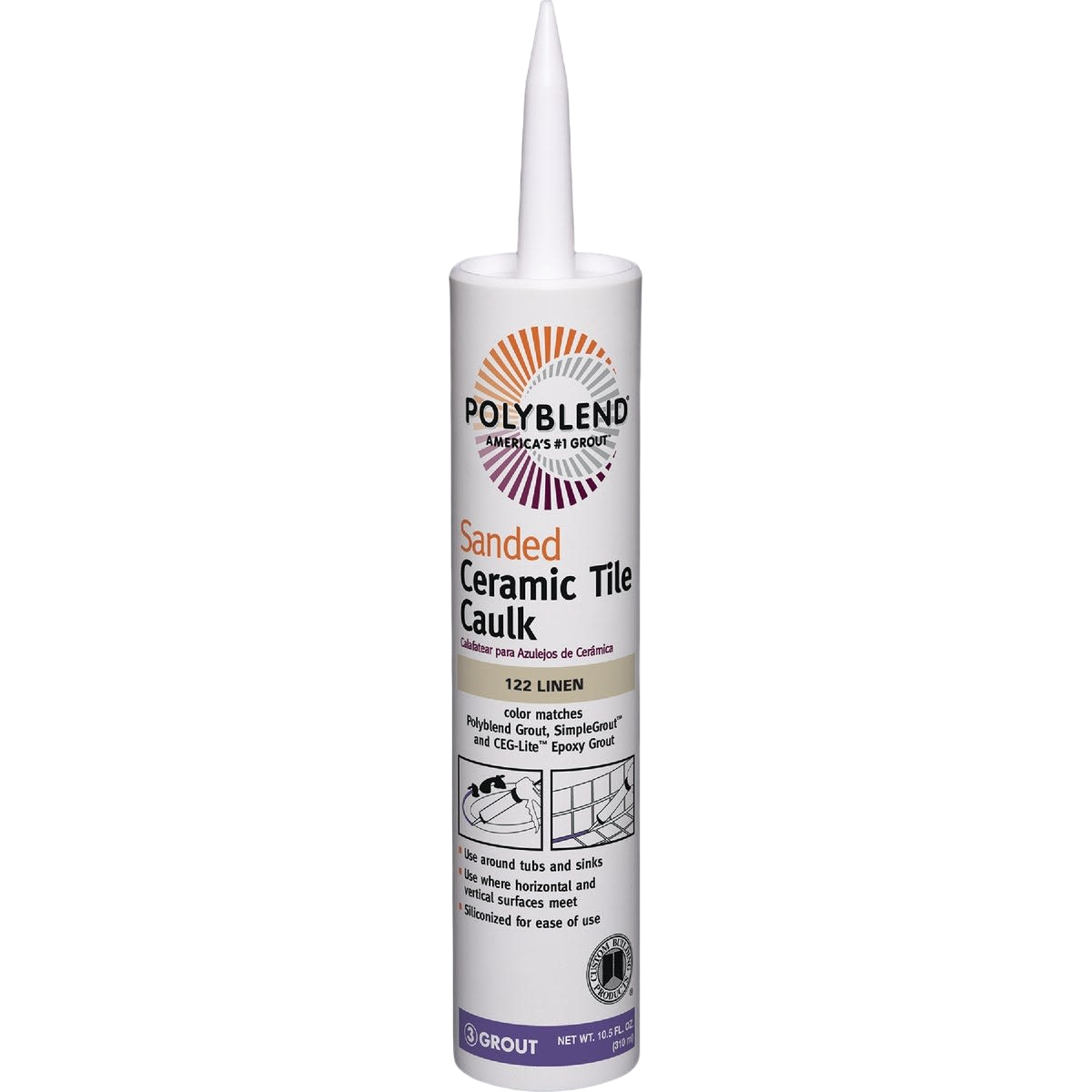 White cartridge of sanded ceramic tile caulk for grout repairs in home improvement and tile maintenance tasks