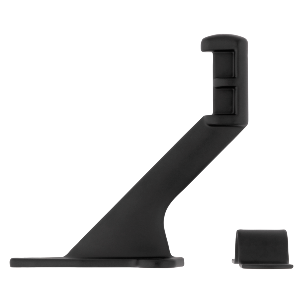 Matte black handrail bracket with mounting piece for secure wall attachment in shelving and home improvement projects