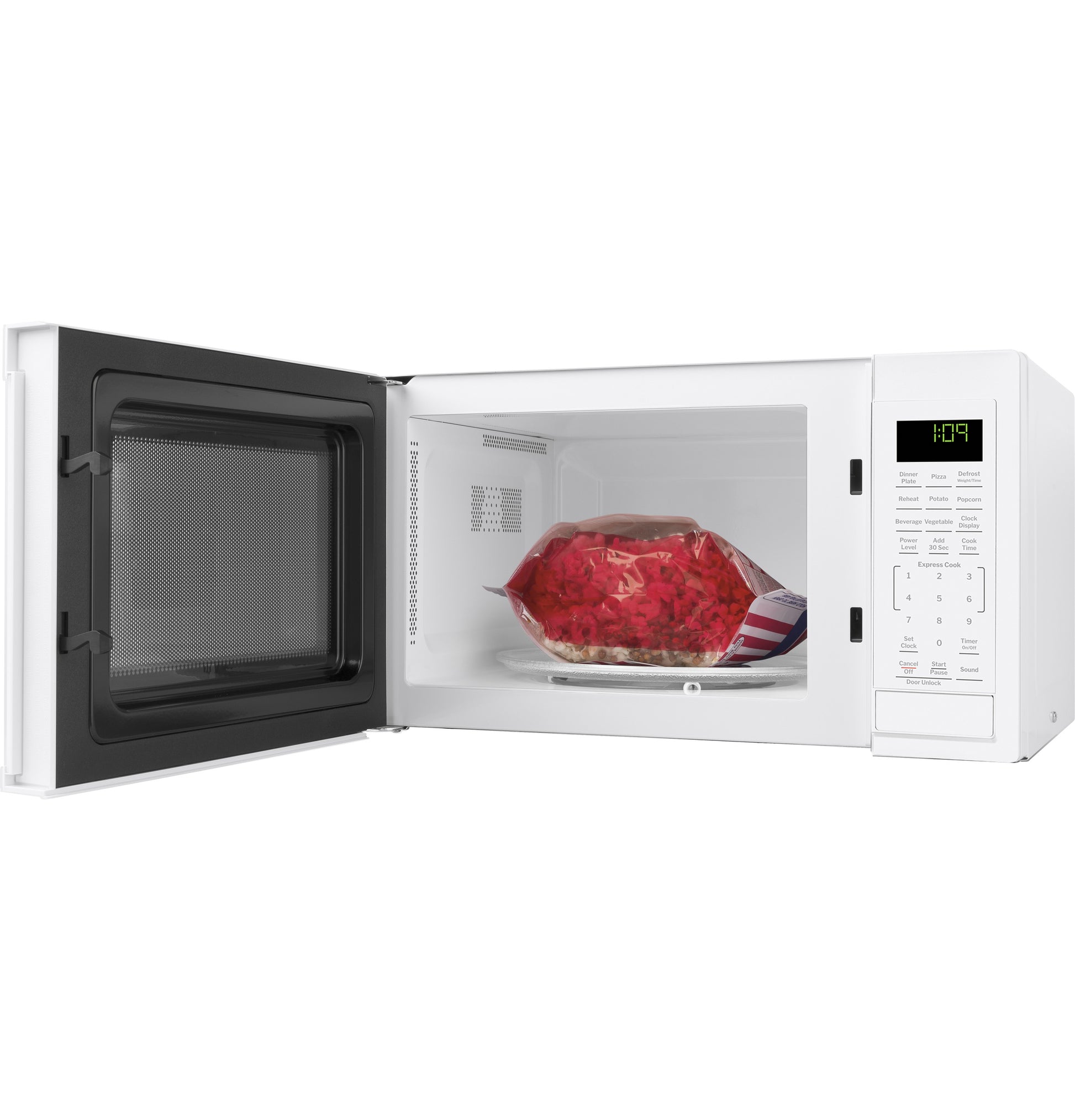 White countertop microwave from Countertop Microwaves collection with open door, digital control panel, and food inside heating