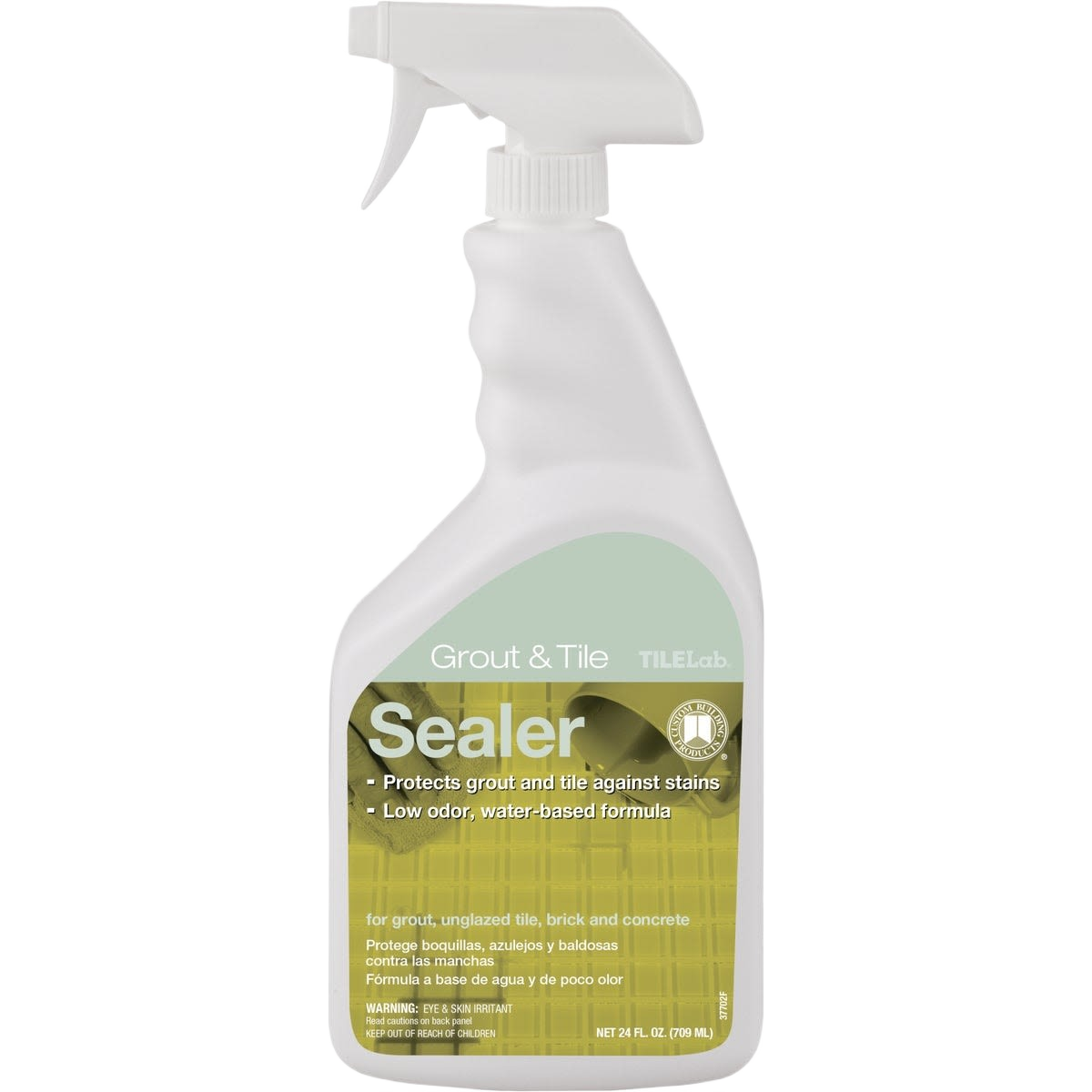 Spray bottle of grout and tile sealer with label highlighting stain protection and water-based formula for home improvement use