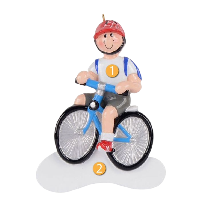 Cheerful boy wearing red helmet riding a blue bike, festive Christmas ornament ideal for holiday tree décor under $50