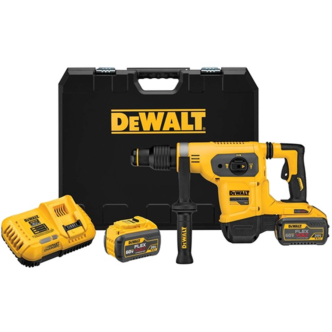 Yellow and black cordless hammer drill kit with two batteries, charger, and carrying case for home improvement tasks