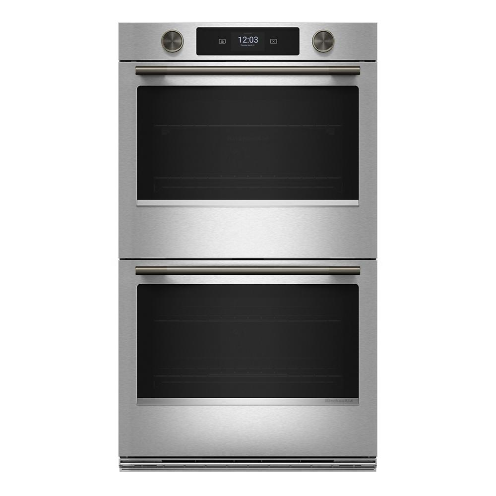 Stainless steel 30-inch smart electric double wall oven with digital display and control knobs from KitchenAid appliances collection