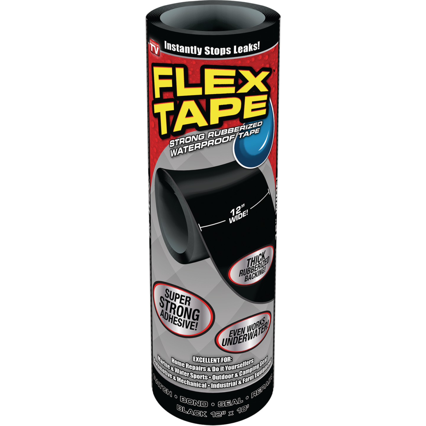 Roll of black waterproof repair tape with thick rubberized backing and strong adhesive for home improvement projects and leak repairs