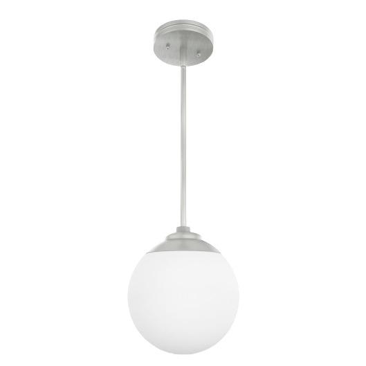 Brushed nickel mini pendant light with frosted globe shade for bathroom and dining lighting fixtures