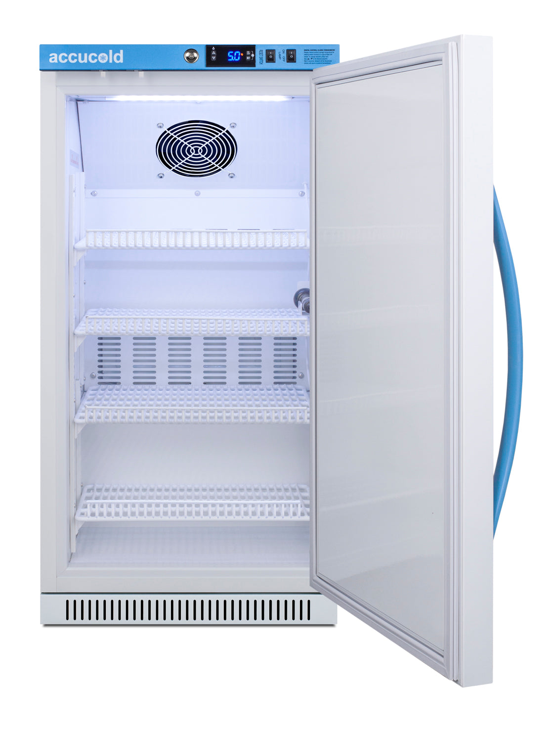 Upright white vaccine refrigerator with open door showing interior shelves and digital control panel in appliances collection