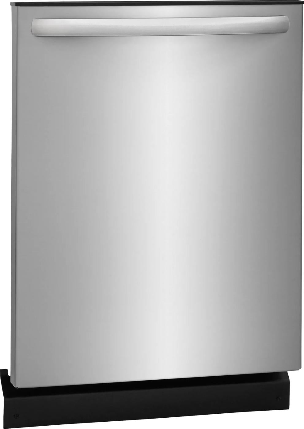 Modern stainless steel built-in dishwasher with curved handle, suitable for kitchens and home improvement appliances collections