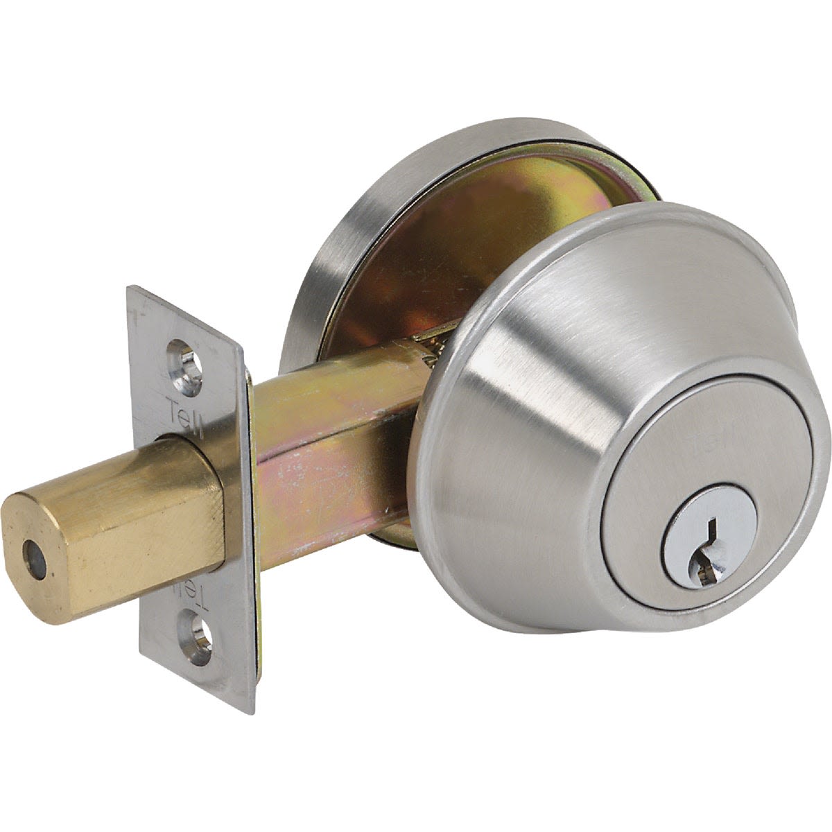 Satin stainless steel single cylinder deadbolt lock with brass bolt for door hardware and home improvement collections