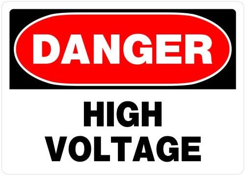 Rectangular warning sign with red, black, and white colors stating danger high voltage for home improvement hardware use