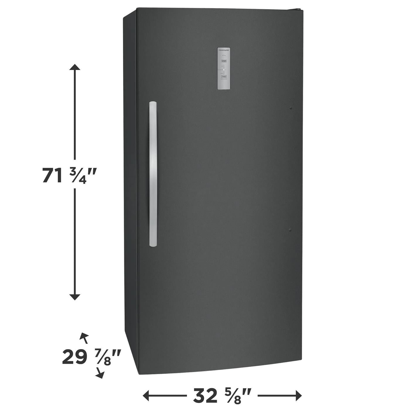 Dark gray upright freezer with vertical handle and digital control panel, suitable for garage and home appliance use.