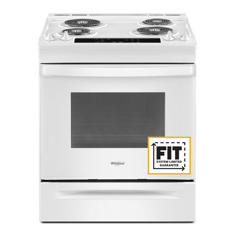White electric range with four coil burners and digital touch controls from kitchen appliances collection