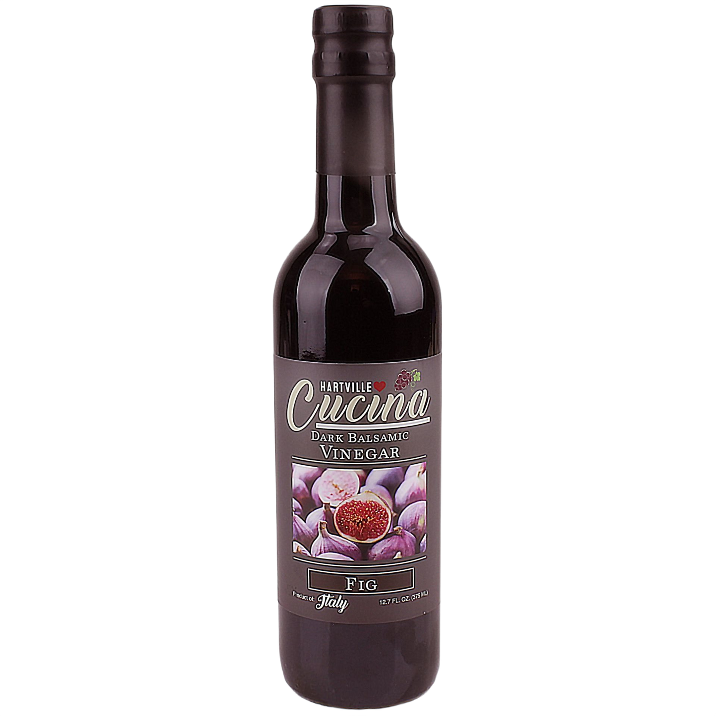 Dark glass bottle of fig-flavored dark balsamic vinegar with a labeled front for culinary use