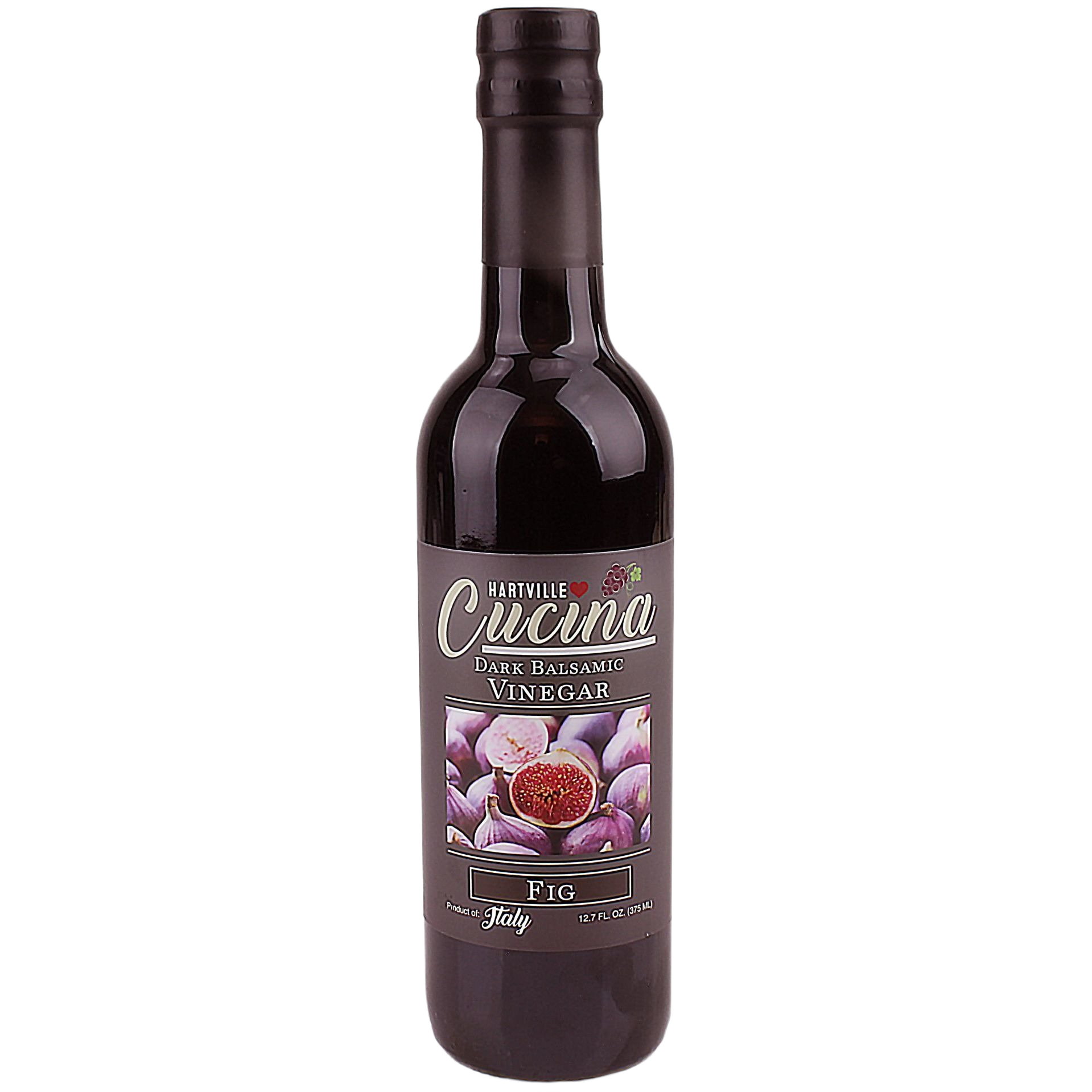 Dark glass bottle of fig-flavored dark balsamic vinegar with a labeled front for culinary use