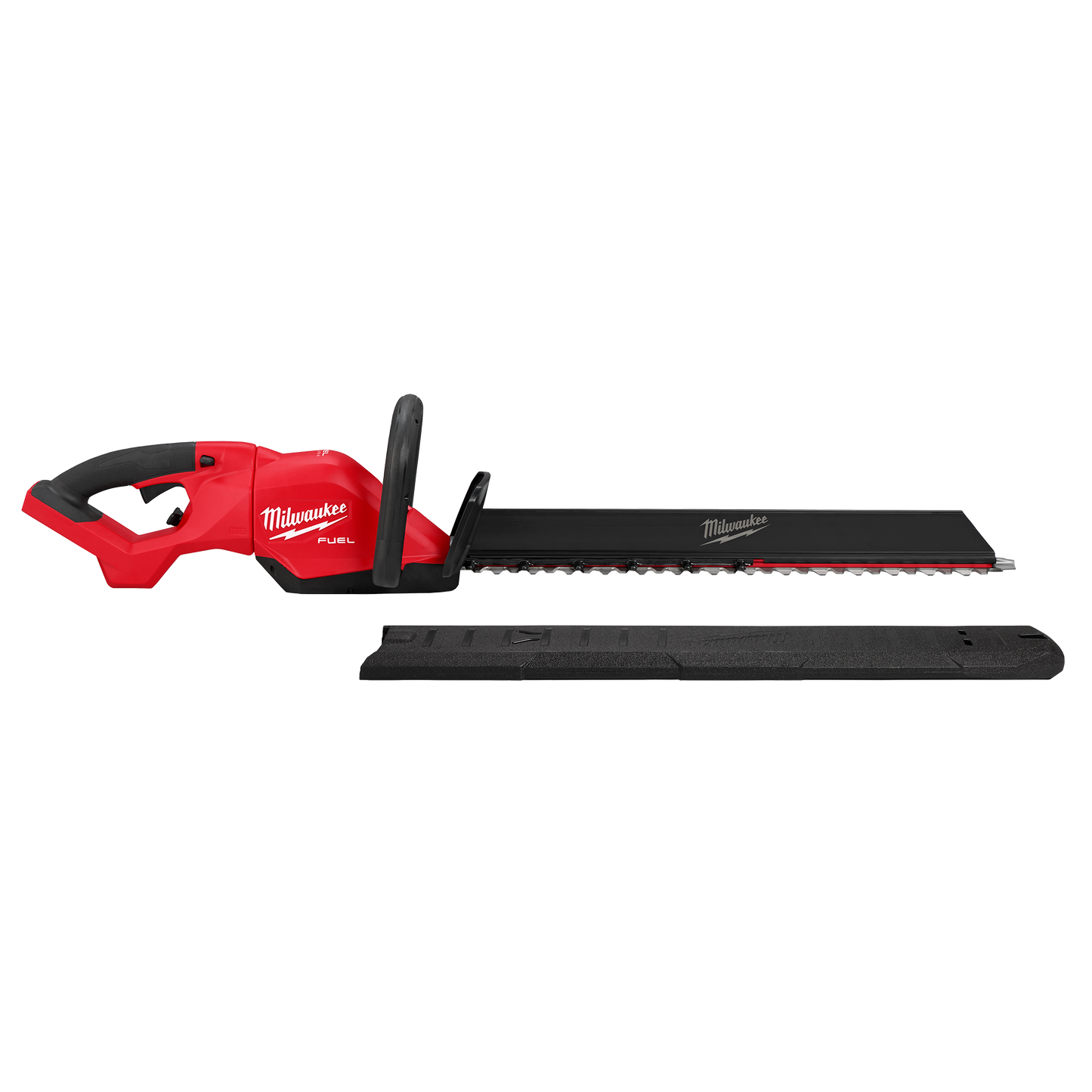 Cordless hedge trimmer with 24-inch blade and protective sheath designed for outdoor home improvement tasks