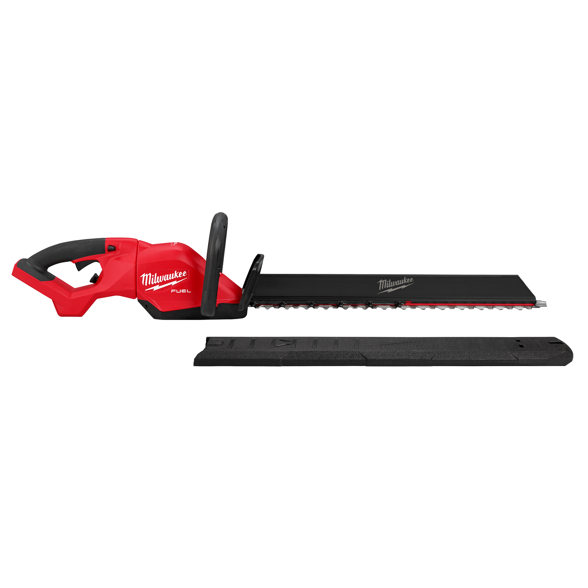 Cordless hedge trimmer with 24-inch blade and protective sheath designed for outdoor home improvement tasks